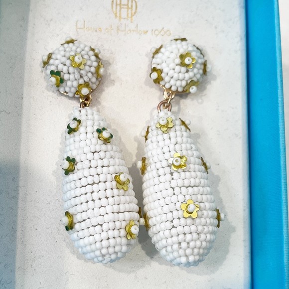 House of Harlow 1960 White Beaded Drop Earrings Gold Sequins - Picture 2 of 5
